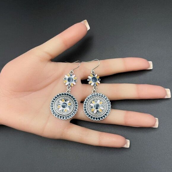 Silver with Blue Pink and Orange Enamel Dangling Boho Flower Drop Hook Earrings - Picture 9 of 9